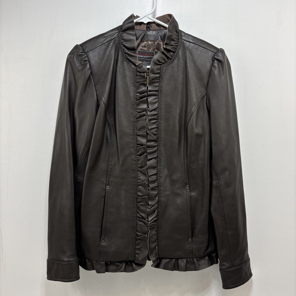 Bradley by Bradley Bayou Brown 100% Leather Jacket Size S‎ Ruffles Edgy Romantic